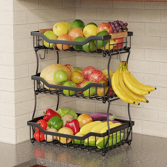 Giwil 3 Tier Countertop Fruit Basket for Kitchen, Vegetable Storage Bread Fruit Bowl Stand with 2 Banana Hooks, Wall Mounted 
