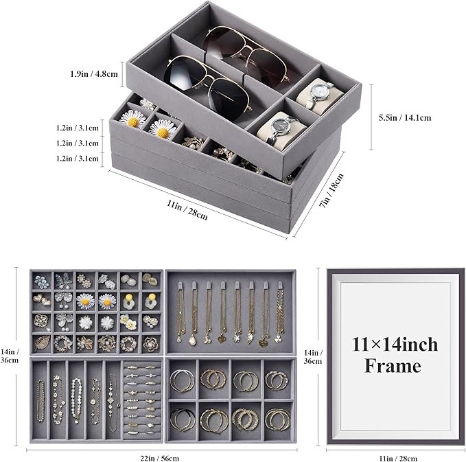 Velvet Jewelry Drawer Organizer Trays – Large Grey Stackable Jewelry Storage Inserts Set, 4-Layer Jewelry Tray Set for Earrin