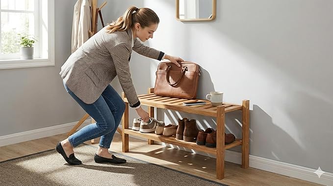 Acacia Wood Shoe Rack 2 Tier (Brush Teak Finish) – Stackable Shoe Organizer Two Tier Shoe Rack – Sturdy Wooden Shoe Storage S