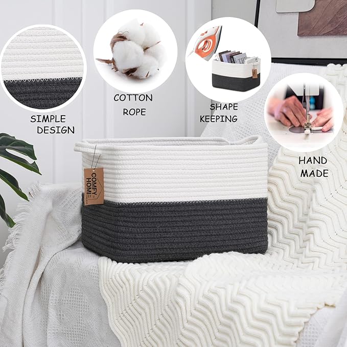 COMFY-HOMI 3PACK Cotton Rope Square Basket with Handles for Shelves| Storage|Baby Basket for Gif|Shoe basket for Organizing|N