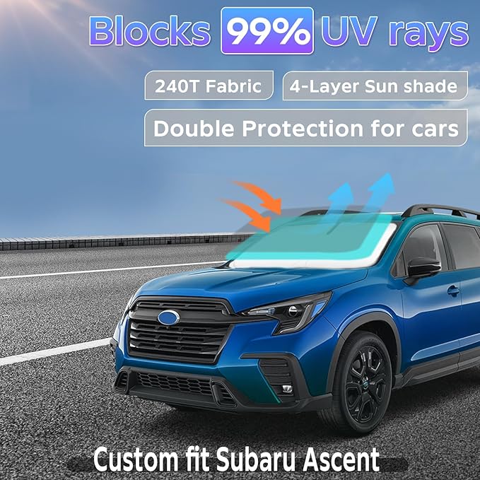Sun Shade Sunshade for Subaru Ascent 2019-2025 2026 Windshield Cover, 4-Layers Sun Shield 250T Silver Sun Visor Foldable Front Window Shade Blocks UV Rays Car Accessories