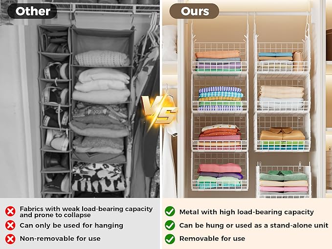 4" Extra Deeper Foldable Hanging Closet Organizer, Small Wire Cabinet Shelves and Storage with 5 S Hooks,4 Tier Metal Basket 