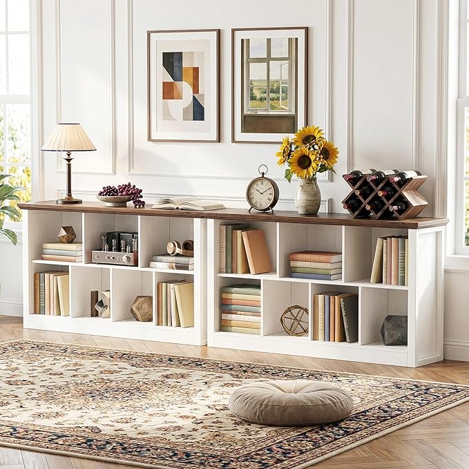 Unikito 7 Cube Storage Book Shelf - 50" Wide Wood Cube Storage Organizer, Wooden 2 Tiers Floor Standing Low Bookcase for Livi