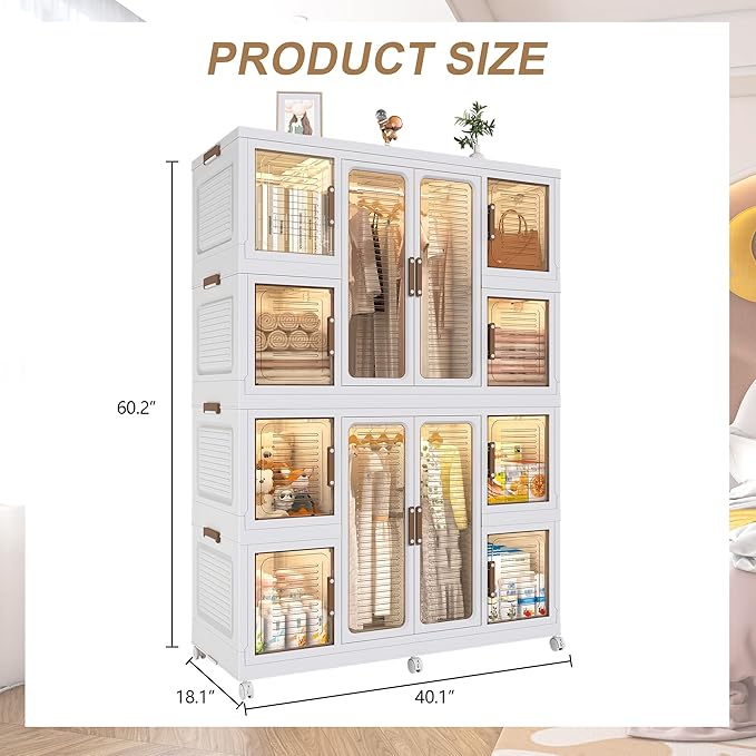 Portable Wardrobe Closet Storage Organizer for Clothes, Plastic Collapsible Closet Organizer with Magnetic Transparent Door, 