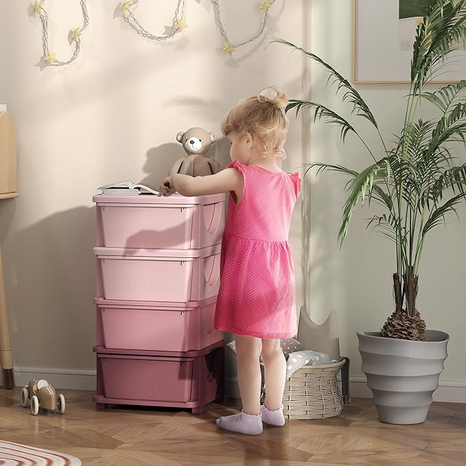 Qaba 4 Tier Kids Storage Unit, Toy Organizers and Storage with 4 Drawer Chest for Kids Bedroom Nursery Kindergarten Living Ro