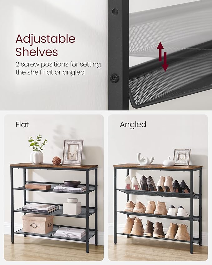 VASAGLE Shoe Rack for Entryway, 4-Tier Shoe Rack Organizer with Storage Shelves and Spacious Top, Freestanding, Adjustable, I