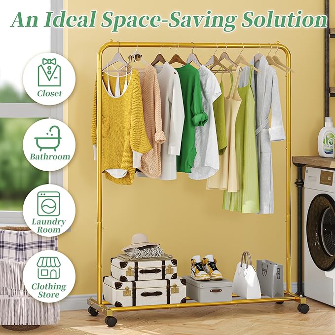 Simple Trending Standard Clothes Clothing Garment Rack with Storage Shelves, Rolling Clothes Organizer on Wheels for Hanging 