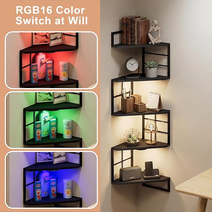 Corner Floating Shelves with Lights - 5 Tiers Corner Shelf Wall Mounted, Bookshelf with LED Light, Floating Shelves for Wall,