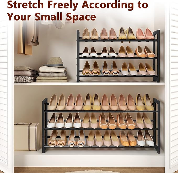 FAVOOSTY 3-Tier Expandable Shoe Rack, Adjustable Shoe Shelf Storage Organizer Space Saving Metal Free Standing Shoe Rack for 