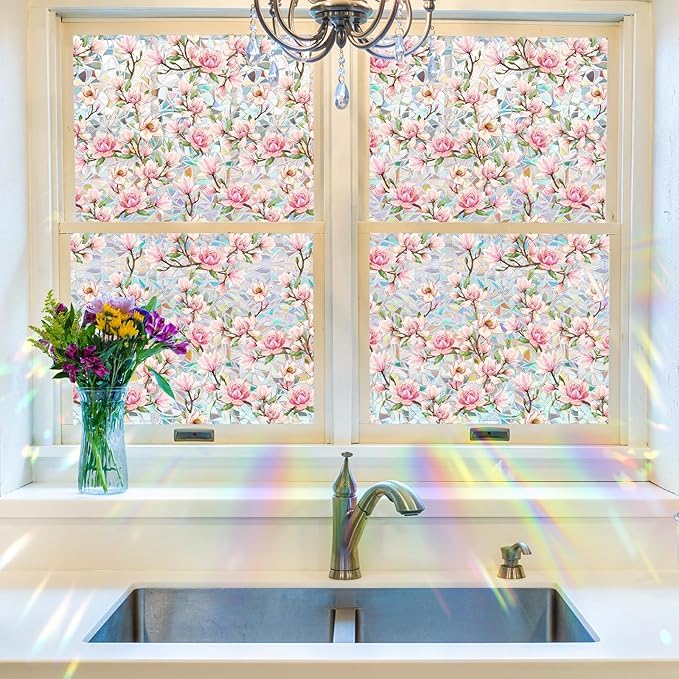 Pink Magnolia Window Privacy Film Rainbow Film Decorative, 3D Static Stained Glass Window Cling for Glass Door Room Wedding Valentines Stickers, 16.9" x 39.4"
