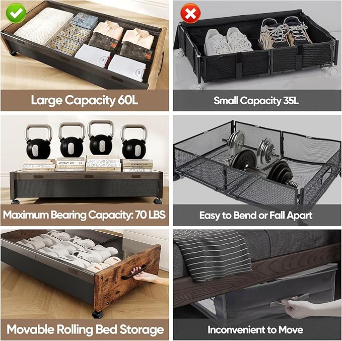 KITHELP Under Bed Storage with Wheels, Wooden Under Bed Drawers 2pack Black Wood & 2pack Vintage Brown