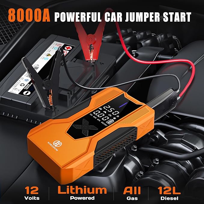 Sorghum Battery Jumper Starter Portable - 8000A Car Battery Jump Starter with Air Compressor, 150PSI Jump Box with Tire