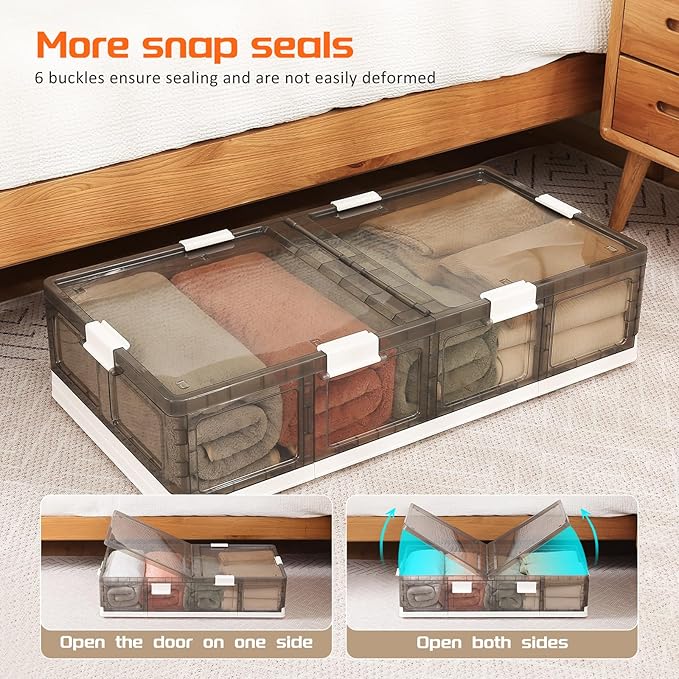 Under Bed Storage Containers with Wheels - Stackable, Foldable Plastic Storage Boxes with Lids for Clothes, Shoes, Blankets -