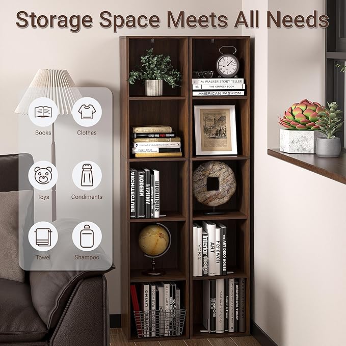 5 Cube Storage Organizer, Narrow Open Shelf Bookcase, Freestanding 5 Tier Low Display Bookshelf for Home Office, Living Room,