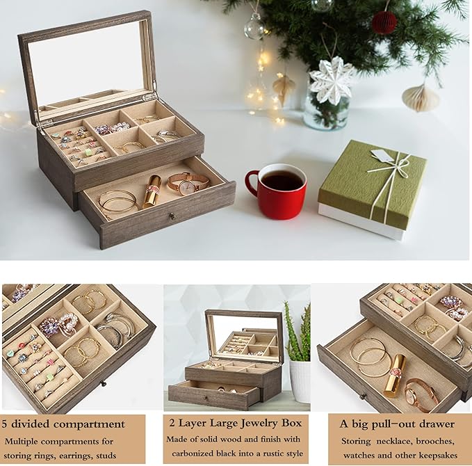 Meangood Jewelry Box Organizer for Women, 2 Layer Large Jewelry Storage Case, Rustic Wooden Jewelry Box with Mirror & Ring Tr