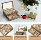 Meangood Jewelry Box Organizer for Women, 2 Layer Large Jewelry Storage Case, Rustic Wooden Jewelry Box with Mirror & Ring Tr