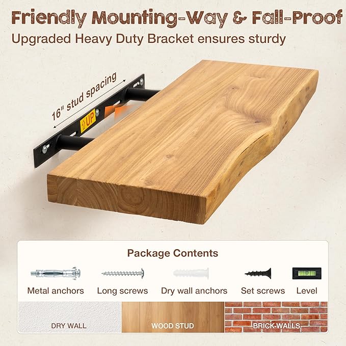 fuqing Live Edge Floating Shelves for Wall 20 inch, 8 Inch Deep Solid Elm Wood Floating Wall Shelves - Rustic Wooden Shelves 