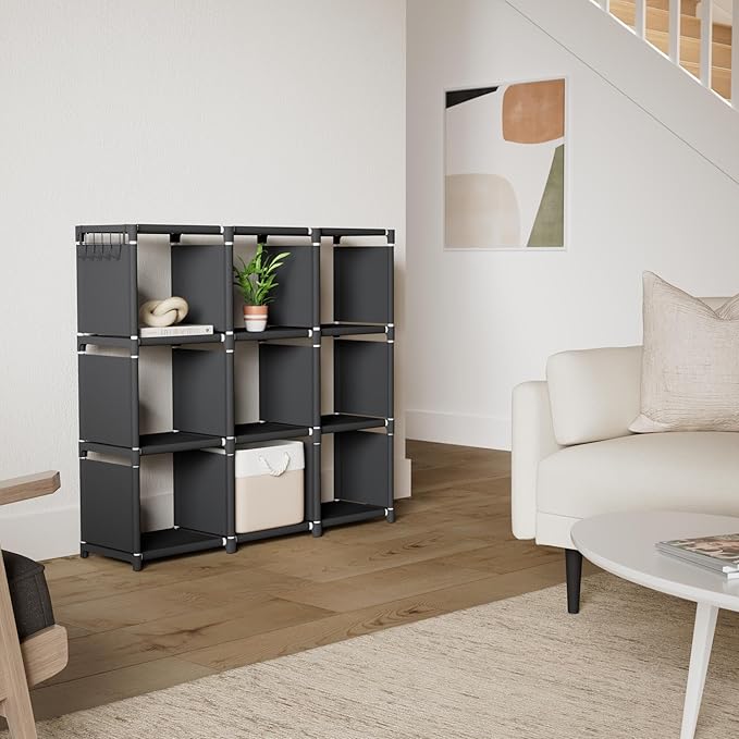 Mavivegue Book Shelf, 9 Cube Storage Organizer, DIY Bookcase, Metal Cube Bookshelf, Tall Book case for Bedroom, Living Room,O