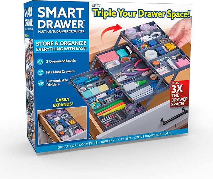 Ontel Smart Drawer Organizer - Multi-level Jewelry Holder, Cosmetics Organizer, or Office Drawer Organizer with Adjustable Di