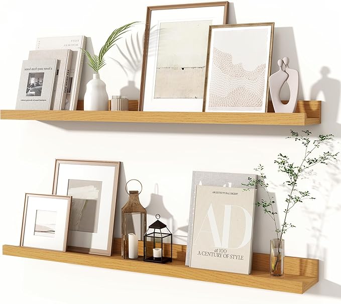 Fun Memories Picture Ledge Shelves Set of 2, 32 Inch Rustic Wall Mounted Floating Shelves with Lip for Home Storage and Décor