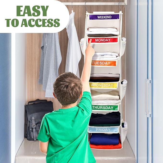 2 Pack 6-Shelf Weekly Clothes Organizer for Kids, Hanging Daily Closet Organization with 6 Side Pockets, Days of The Week Clo
