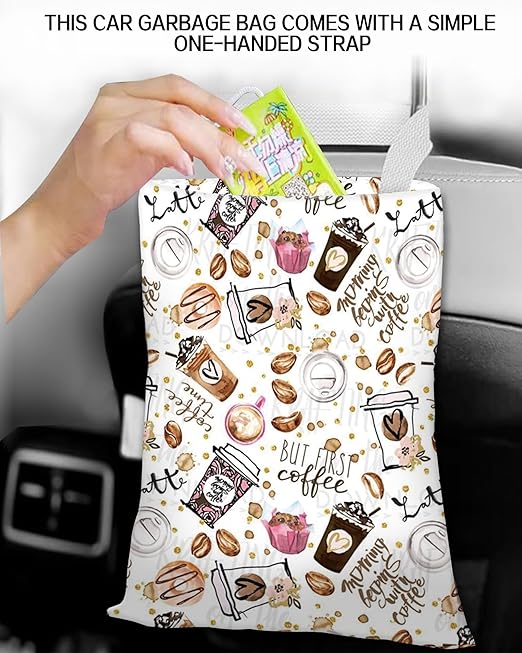 Car Trash Can, Durable Hanging Car Trash Garbage Bag, Cute Automotive Garbage Cans Organizer, Cute Cartoon Coffee