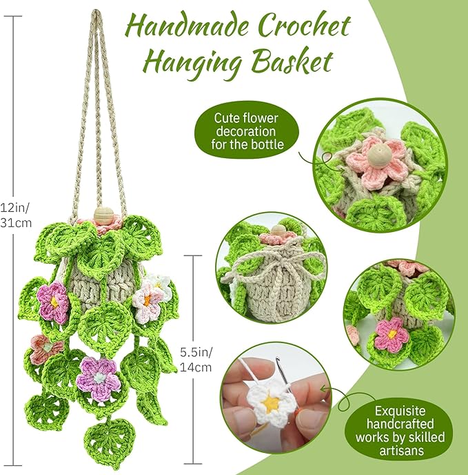 Crochet Car Air Freshener, 15ml Empty Refillable Oil Diffuser Bottle with Hanging Crochet Flowers Plant for Car Rearview Mirr