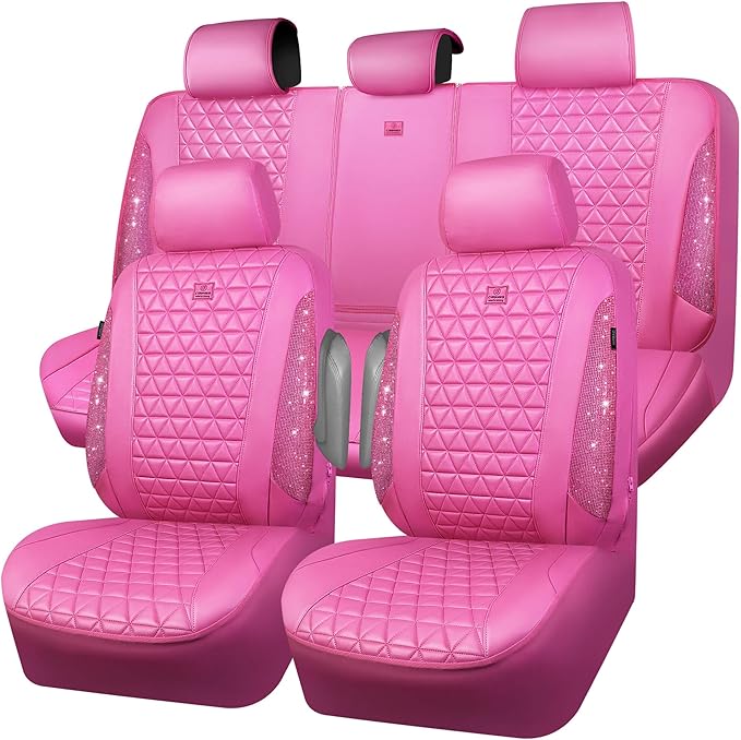 CAR PASS Hot Pink Bling Diamond Leather Car Seat Covers Full Sets, Waterproof Shining Glitter Sparkly Crystal Universal Armre