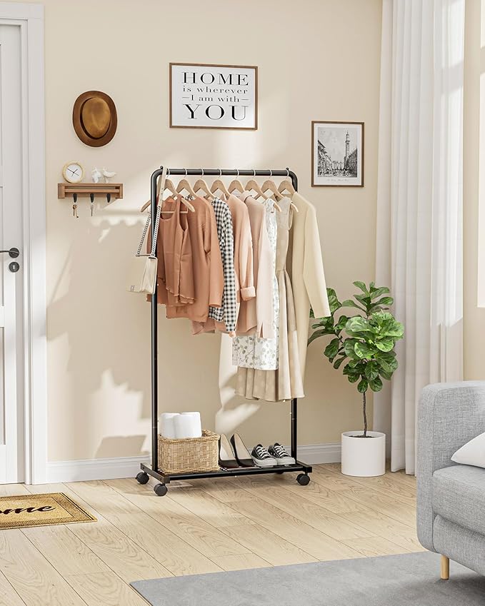 Sakugi Clothes Rack - Clothing Rack with Storage Mesh Shelf & Casters, Heavy-Duty Metal Clothing Rack for Hanging Clothes, Dr