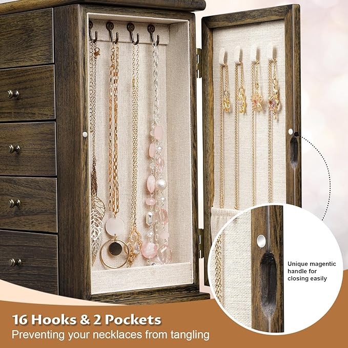 Emfogo Jewelry Box for Women, 5 Layer Large Wood Jewelry Boxes & Organizers for Necklaces Earrings Rings Bracelets, Rustic Je