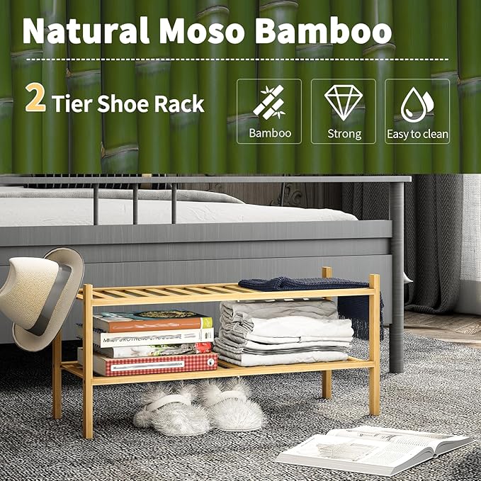 2-Tier Bamboo Shoe Rack for Entryway, Stackable | Heavy Duty | Multi-Function, Free Standing Shoe Racks for Bedroom Hallway C