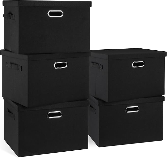 Graciadeco Large 17" 36 Quart Collapsible Stackable Storage Bins with Lids, 5 Packs Black Linen Fabric Closet Boxes with Lids