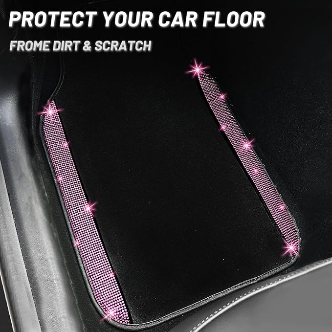 NBTEPEM Pink Bling Car Floor Mats Full Set, Universal Fit Most Cars,SUV, Trucks, 4 pcs Sparkle Glitter Diamond Carpet for Women Girls with Anti-Slip Pad (Pink Diamond)