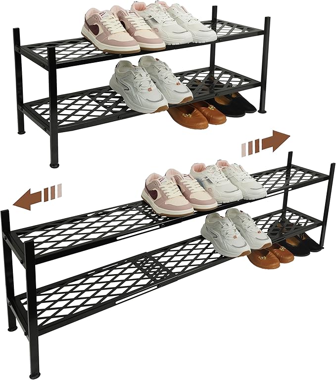 Shoe Rack, Expandable Shoes Organizer Metal Shelf Stand, 2 Tier Stackable Long Shoe Storage Holder For Closet, Floor, Entrywa