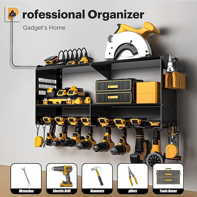 Spampur Power Tool Organizer Wall Mount with Charging Station, 15 Min Assembly & Maximum 420lb Load by Heavy Duty Metal, 8 Sl