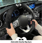 Car Headrest Pillow & Steering Wheel Cover Set with Cute Big-Eyed Furball Travel Neck Support Pillow Fur Car Interior Accessory (Black 3Pcs Set)