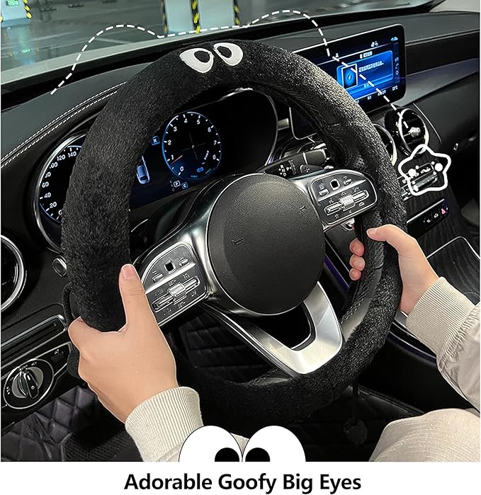 Car Headrest Pillow & Steering Wheel Cover Set with Cute Big-Eyed Furball Travel Neck Support Pillow Fur Car Interior Accessory (Black 5Pcs Set)