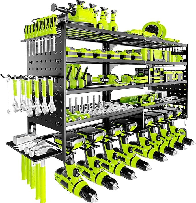 5 Layers Power Tool Organizer Wall Mount, Metal Cordless Tool Hanger Storage Rack Holder with 8 Drill Holders, Heavy Duty Gar