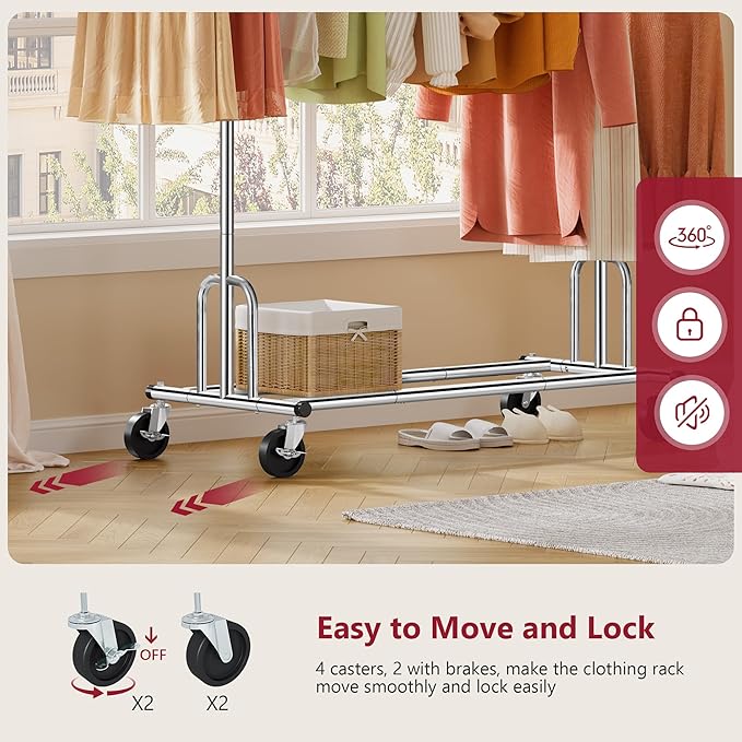 Tajsoon Heavy Duty Clothes Rack Foldable Garment Rack with Wheels and Extendable Rod, Freestanding Clothing Rack for Hanging 