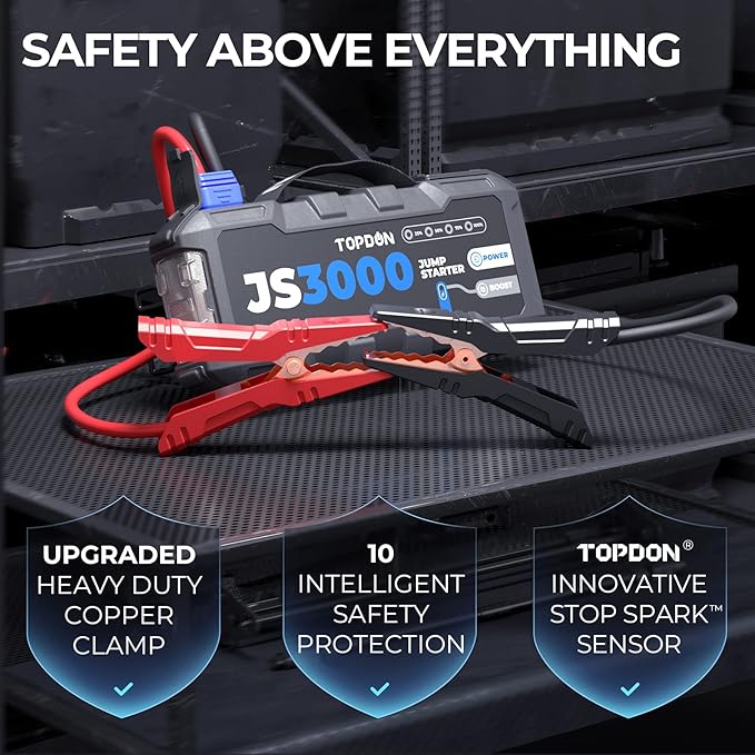 JS3000 12V 3000A Battery Booster Jump Starter Pack for Up to 9L Gas/ 7L Diesel Engines, Portable Car Battery Charger with