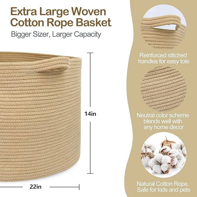 MEGASKET Extra Large Storage Basket, 22" X 22" X 14" Stuffed Animal Basket for Living Room Kids Room, Soft Cotton Rope Bin Wi
