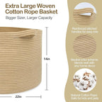 MEGASKET Extra Large Storage Basket, 22" X 22" X 14" Stuffed Animal Basket for Living Room Kids Room, Soft Cotton Rope Bin Wi