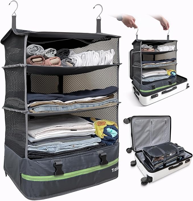 Stow-N-Go Portable Hanging Travel Shelves, Packing Organizer for Luggage. Carry on Closet for Clothes. Expandable Packing Cub