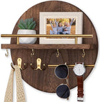 Nekon Key Holder Wall Mount, 11.8 Inch Rack With Shelf and 6 Hooks, Rustic Mail Organizer, Circular Wooden Hanger for Entrywa