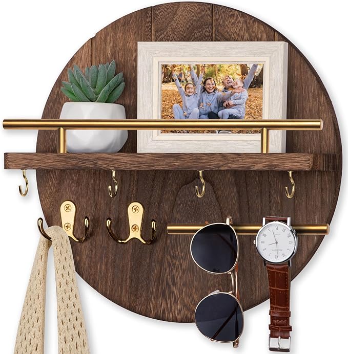 Nekon Key Holder Wall Mount, 11.8 Inch Rack With Shelf and 6 Hooks, Rustic Mail Organizer, Circular Wooden Hanger for Entrywa