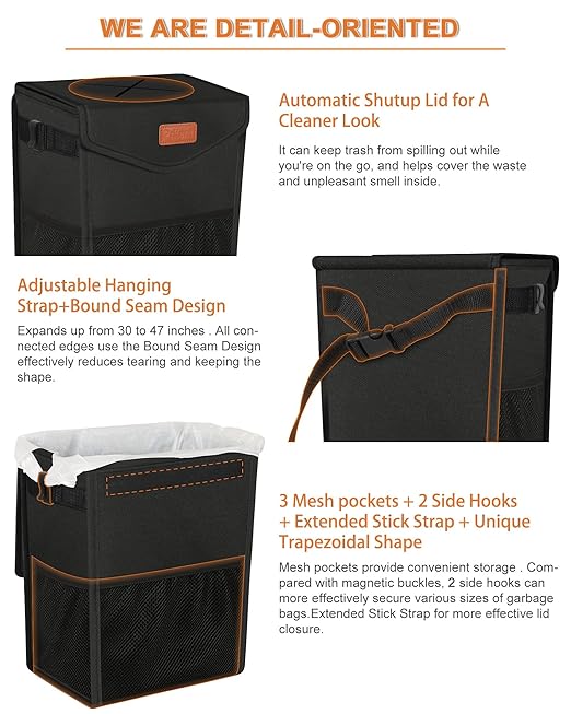 Car Trash Can with Lid, Cute Leakproof Car Trash Garbage Bag Hanging Vehicle Trash Bin Small Portable Automotive Garbage Cans Organizer for Back/Front Seat(4 Gallons,Black)