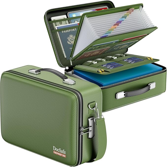 DocSafe Fireproof Document Box with Lock＆Shoulder Strap,Hard Case File Organizer with Accordion File Folder,Multi-Layer Porta