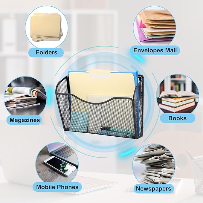 EASEPRES Magnetic 3 Single Pocket Mesh Hanging File Organizer, Vertical Wall Mounted Magazine File Holder, Mount Basket Mail 