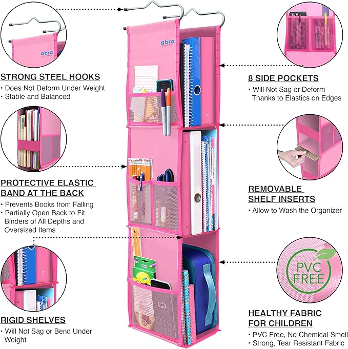ABRA® 3 Shelf Hanging Locker Organizer for School, Gym, Work, Storage | Deep Shelves 6”x 9”| Eco-Friendly Fabric Healthy for 