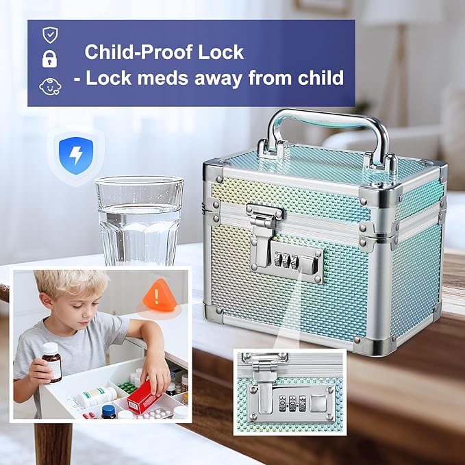 Adazzo Lockable Medicine Storage Box - Shiny Turquoise Cabinet Med Lock Organizer, 7 * 5.25 * 5.75 Inches Safe Case with Comb